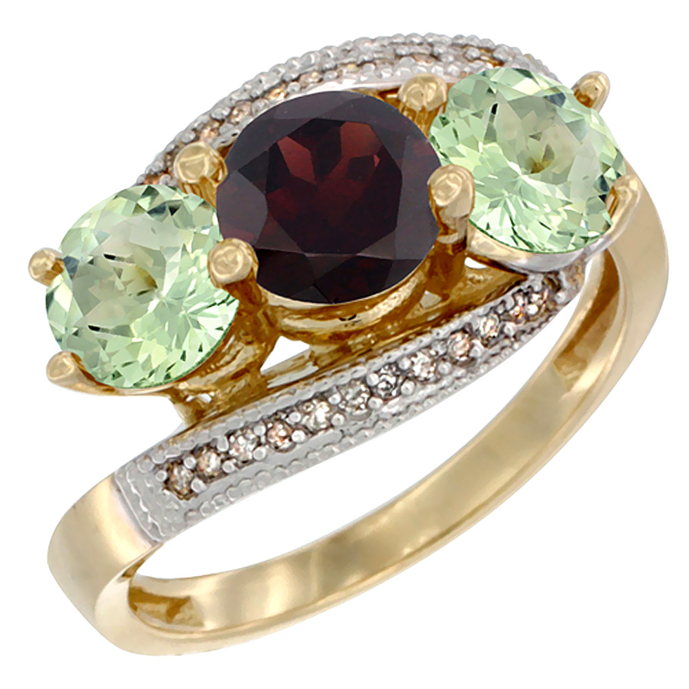 10K Yellow Gold Natural Garnet &amp; Green Amethyst Sides 3 stone Ring Round 6mm Diamond Accent, sizes 5 - 10