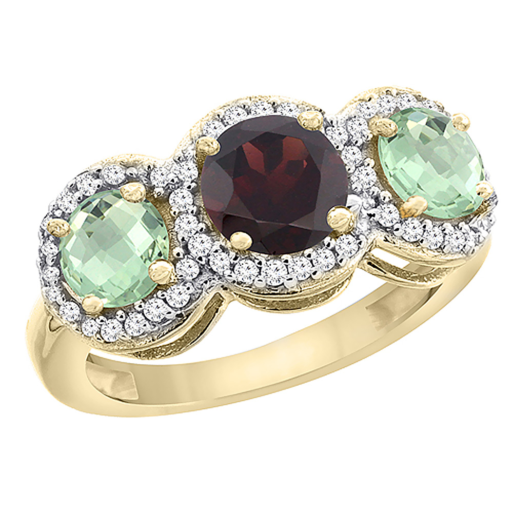 10K Yellow Gold Natural Garnet &amp; Green Amethyst Sides Round 3-stone Ring Diamond Accents, sizes 5 - 10