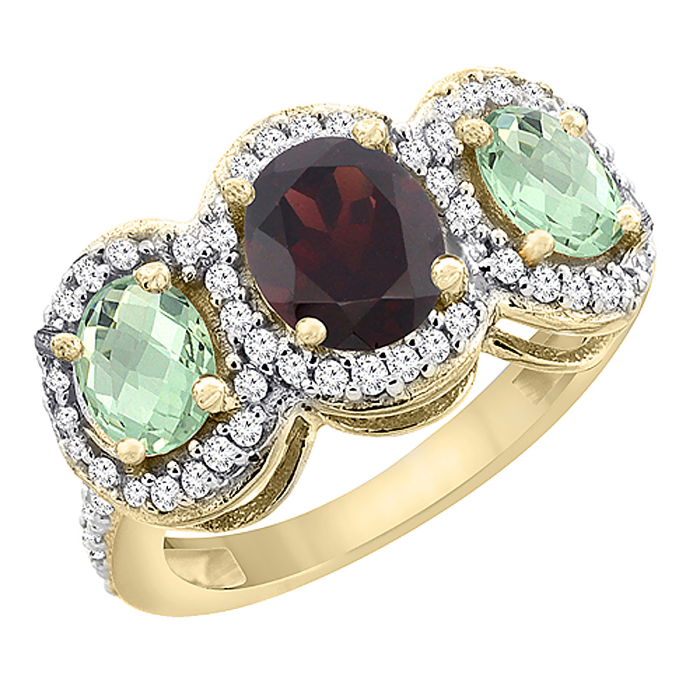 10K Yellow Gold Natural Garnet &amp; Green Amethyst 3-Stone Ring Oval Diamond Accent, sizes 5 - 10