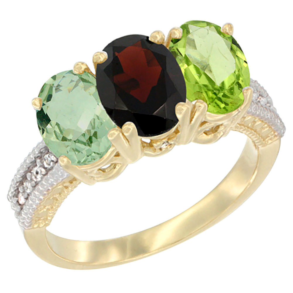 10K Yellow Gold Diamond Natural Green Amethyst, Garnet & Peridot Ring 3-Stone Oval 7x5 mm, sizes 5 - 10