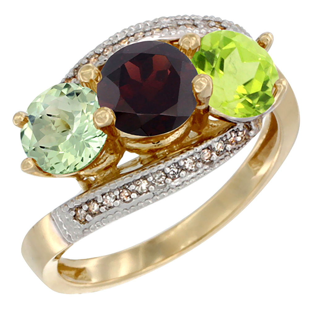 10K Yellow Gold Natural Green Amethyst, Garnet &amp; Peridot 3 stone Ring Round 6mm Diamond Accent, sizes 5 - 10
