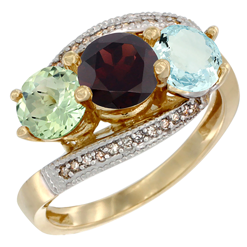 10K Yellow Gold Natural Green Amethyst, Garnet & Aquamarine 3 stone Ring Round 6mm Diamond Accent, sizes 5 - 10