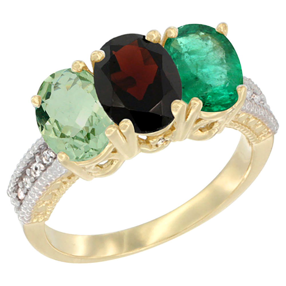 14K Yellow Gold Natural Green Amethyst, Garnet & Emerald Ring 3-Stone 7x5 mm Oval Diamond Accent, sizes 5 - 10