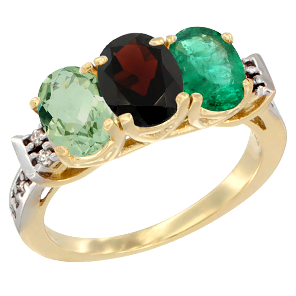 10K Yellow Gold Natural Green Amethyst, Garnet &amp; Emerald Ring 3-Stone Oval 7x5 mm Diamond Accent, sizes 5 - 10