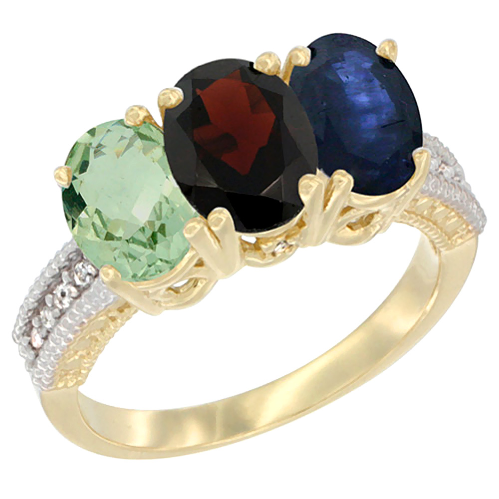 14K Yellow Gold Natural Green Amethyst, Garnet &amp; Blue Sapphire Ring 3-Stone 7x5 mm Oval Diamond Accent, sizes 5 - 10