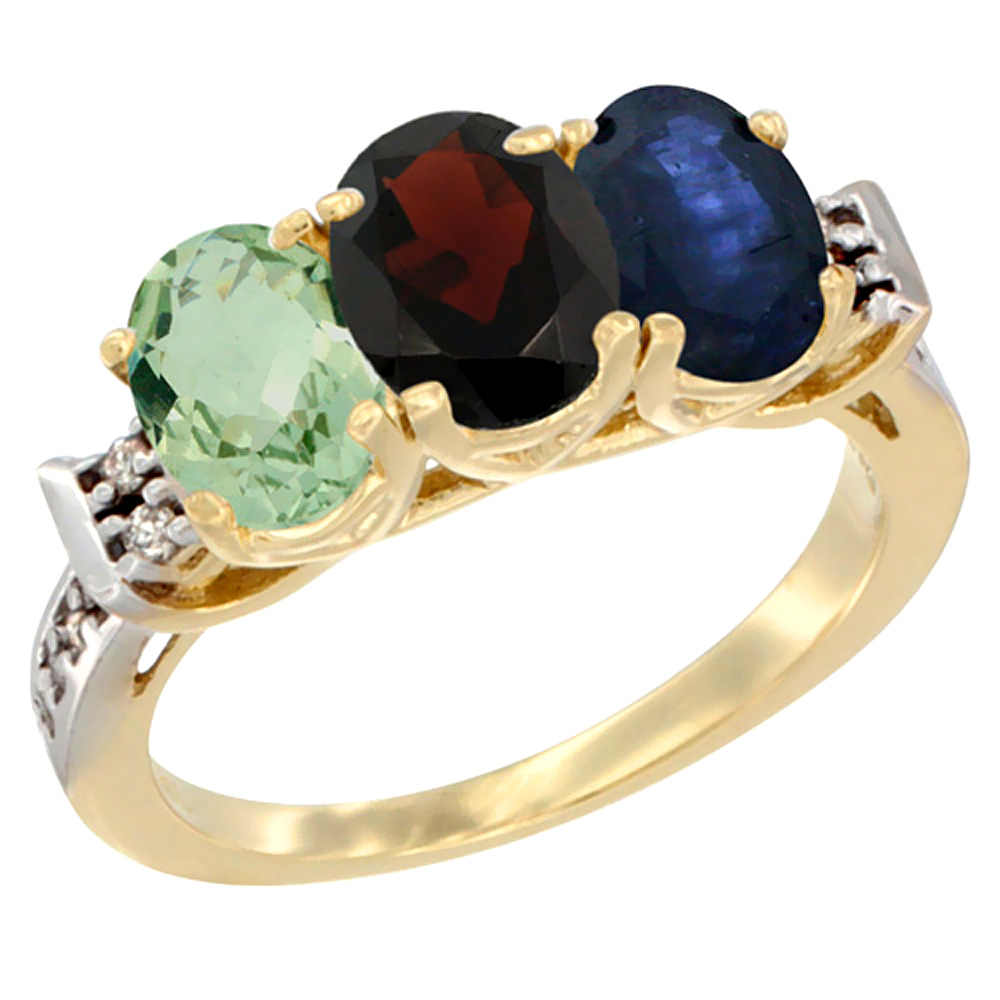 10K Yellow Gold Natural Green Amethyst, Garnet &amp; Blue Sapphire Ring 3-Stone Oval 7x5 mm Diamond Accent, sizes 5 - 10
