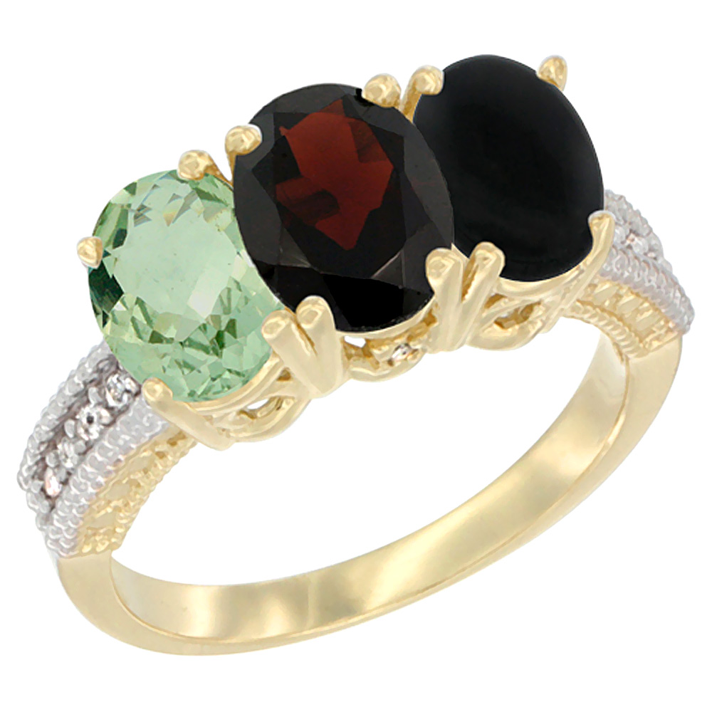 10K Yellow Gold Diamond Natural Green Amethyst, Garnet & Black Onyx Ring 3-Stone Oval 7x5 mm, sizes 5 - 10