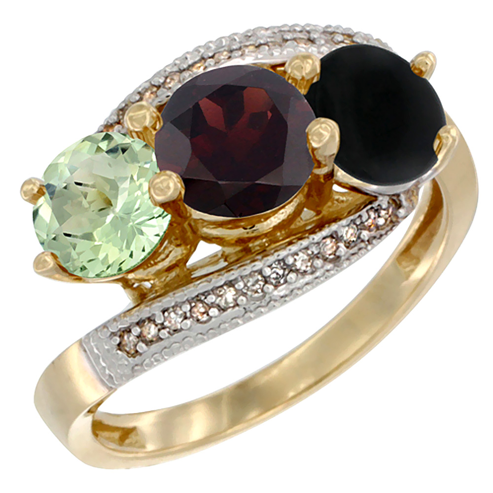 10K Yellow Gold Natural Green Amethyst, Garnet &amp; Black Onyx 3 stone Ring Round 6mm Diamond Accent, sizes 5 - 10