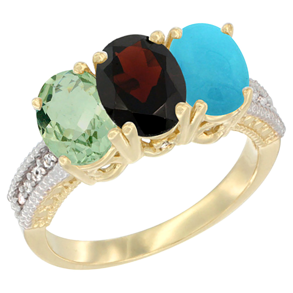 14K Yellow Gold Natural Green Amethyst, Garnet & Turquoise Ring 3-Stone 7x5 mm Oval Diamond Accent, sizes 5 - 10