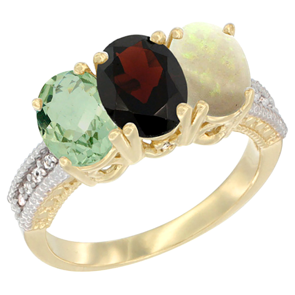 14K Yellow Gold Natural Green Amethyst, Garnet & Opal Ring 3-Stone 7x5 mm Oval Diamond Accent, sizes 5 - 10