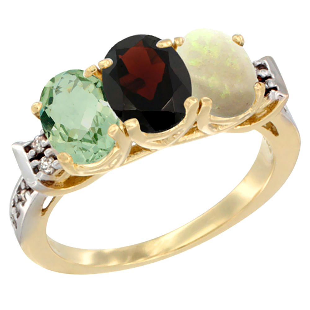 14K Yellow Gold Natural Green Amethyst, Garnet & Opal Ring 3-Stone 7x5 mm Oval Diamond Accent, sizes 5 - 10