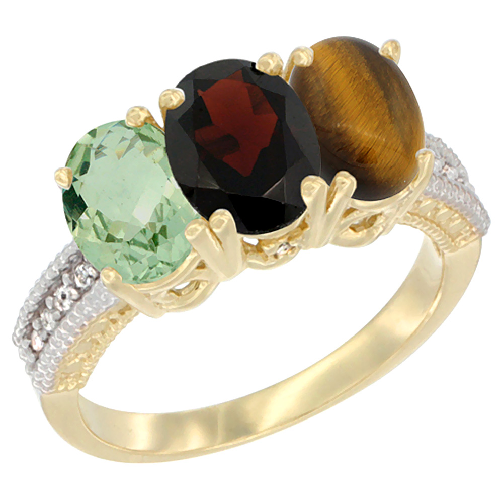 10K Yellow Gold Diamond Natural Green Amethyst, Garnet & Tiger Eye Ring 3-Stone Oval 7x5 mm, sizes 5 - 10