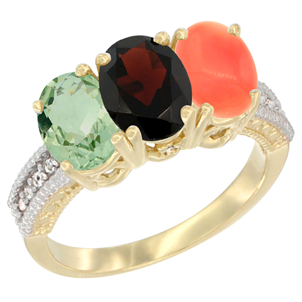 14K Yellow Gold Natural Green Amethyst, Garnet &amp; Coral Ring 3-Stone 7x5 mm Oval Diamond Accent, sizes 5 - 10