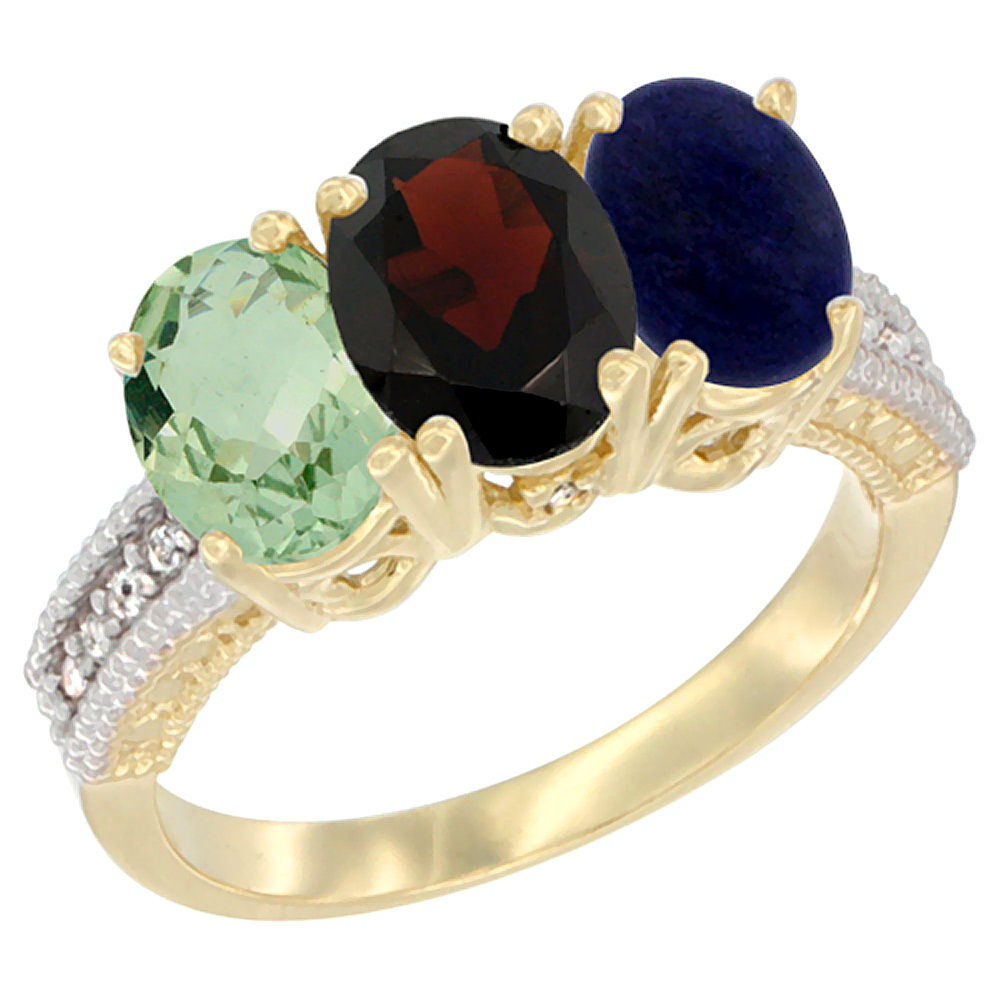 14K Yellow Gold Natural Green Amethyst, Garnet & Lapis Ring 3-Stone 7x5 mm Oval Diamond Accent, sizes 5 - 10