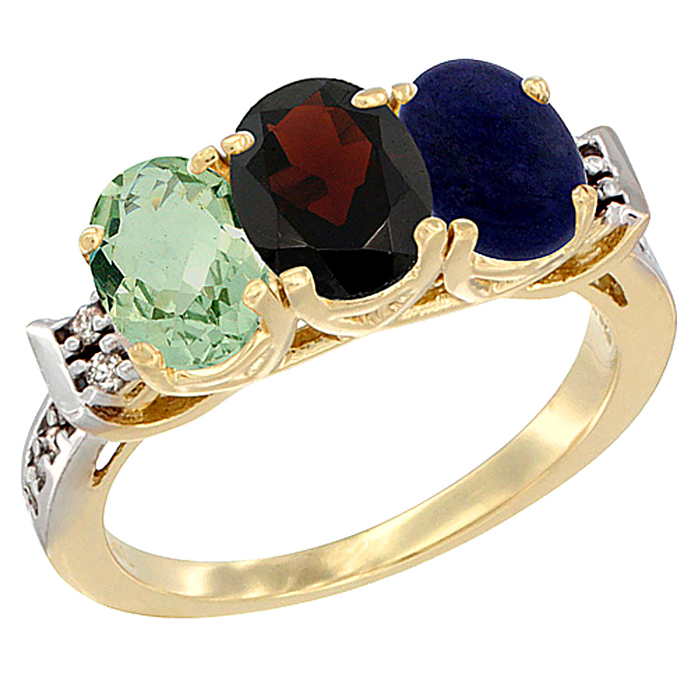 10K Yellow Gold Natural Green Amethyst, Garnet &amp; Lapis Ring 3-Stone Oval 7x5 mm Diamond Accent, sizes 5 - 10