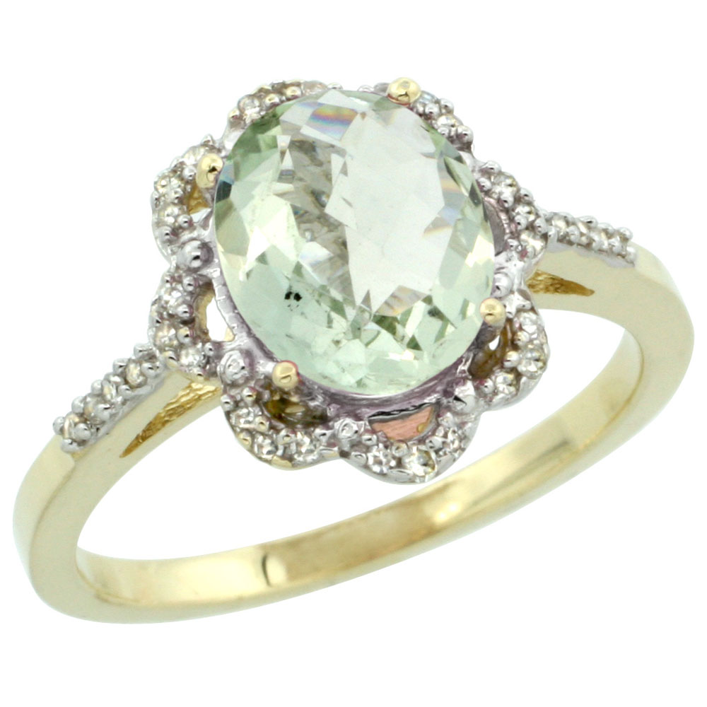 14K Yellow Gold Diamond Halo Natural Green Amethyst Engagement Ring Oval 9x7mm, sizes 5-10