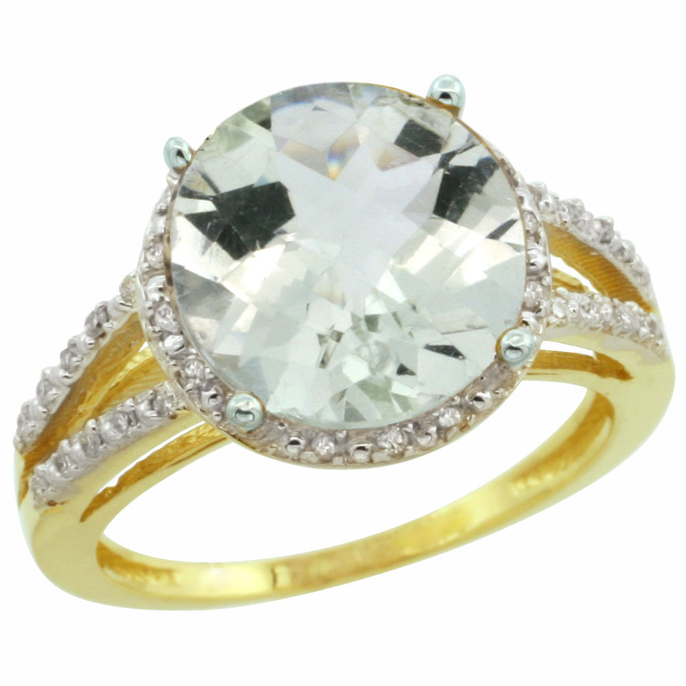 14K Yellow Gold Diamond Natural Green Amethyst Ring Round 11mm, sizes 5-10