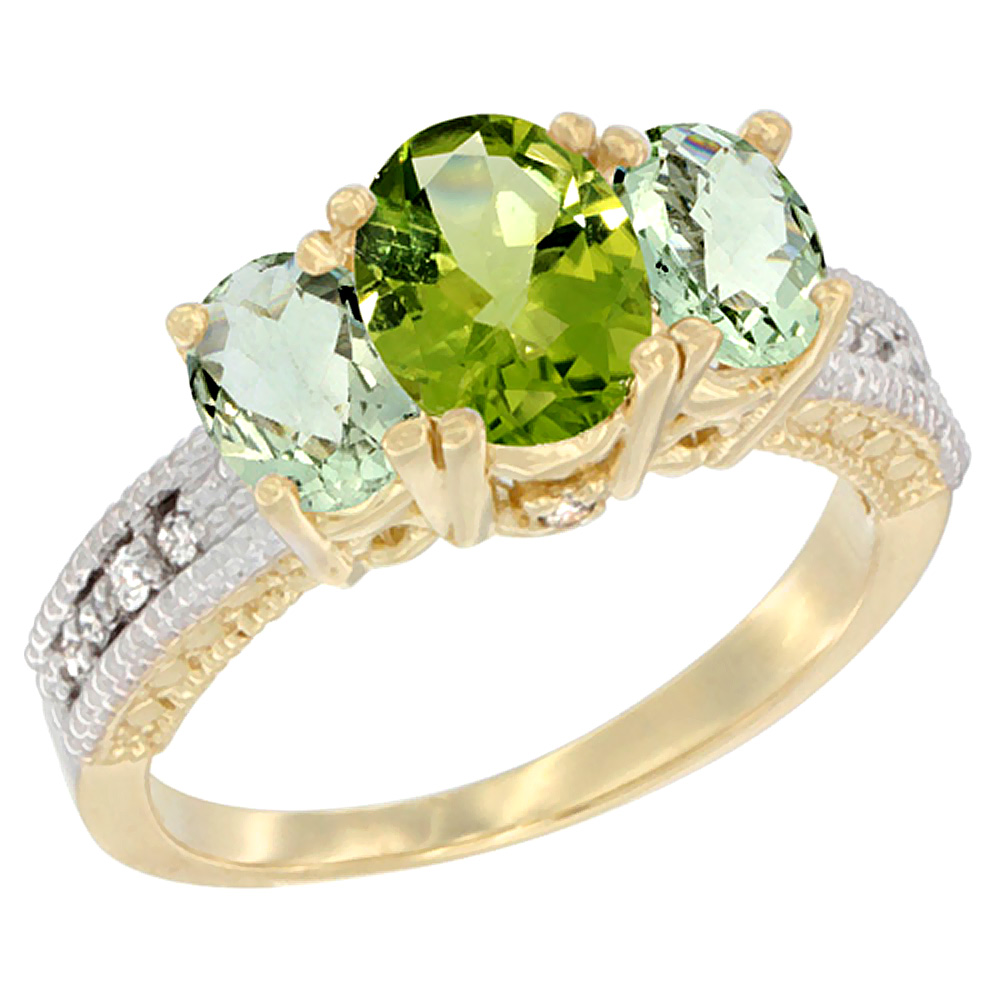 14K Yellow Gold Diamond Natural Peridot Ring Oval 3-stone with Green Amethyst, sizes 5 - 10