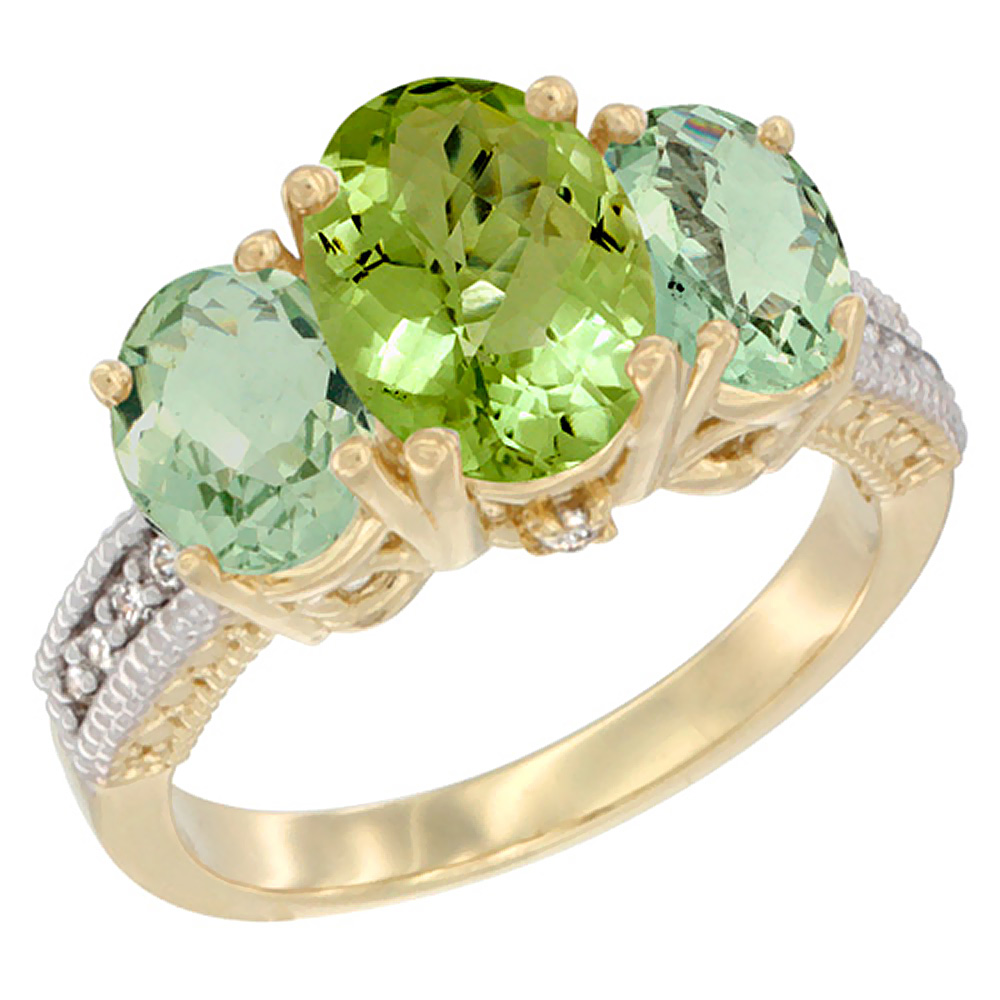 14K Yellow Gold Diamond Natural Peridot Ring 3-Stone Oval 8x6mm with Green Amethyst, sizes5-10