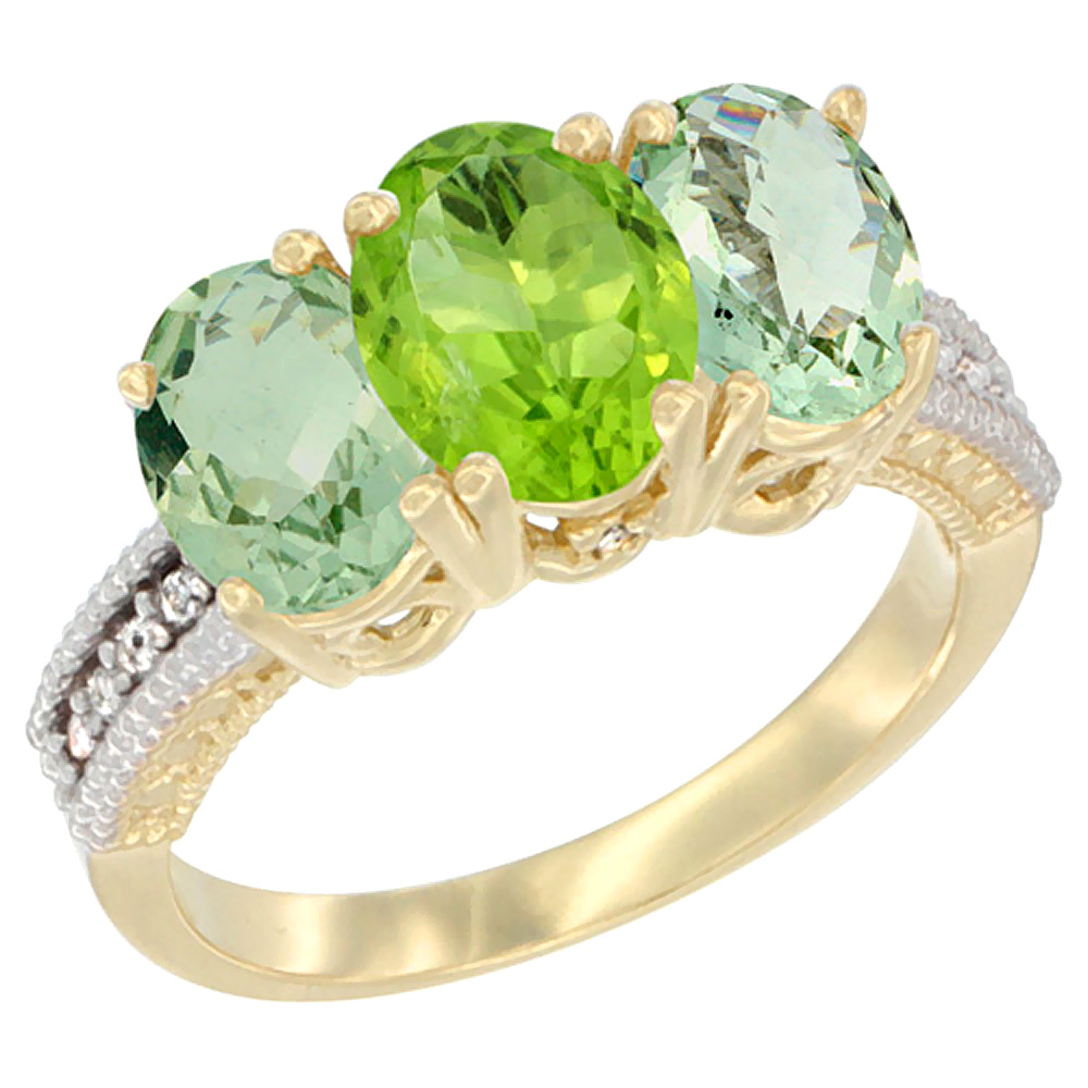 10K Yellow Gold Diamond Natural Peridot & Green Amethyst Sides Ring 3-Stone Oval 7x5 mm, sizes 5 - 10