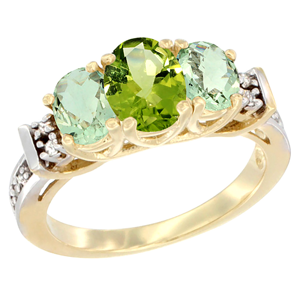 10K Yellow Gold Natural Peridot & Green Amethyst Ring 3-Stone Oval Diamond Accent