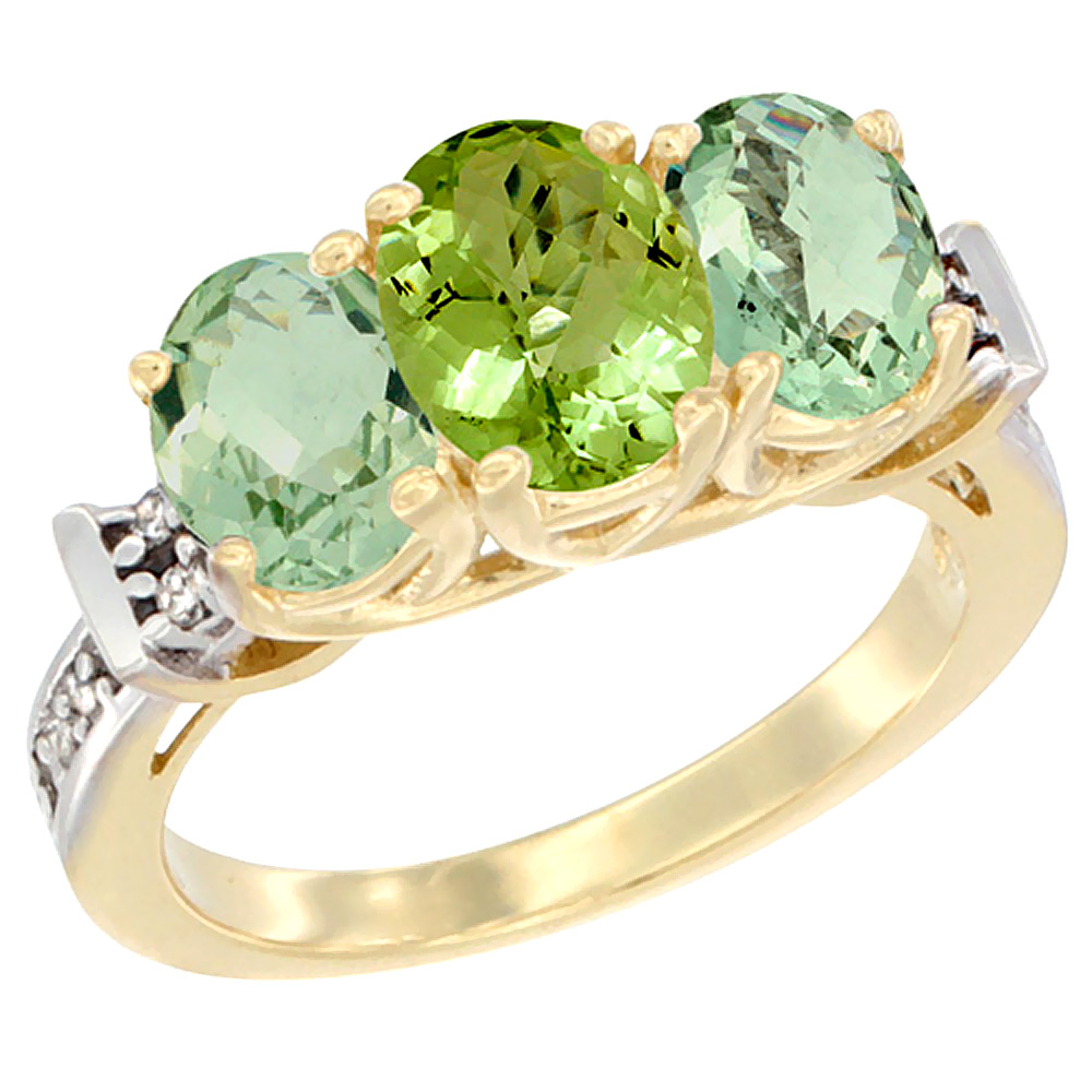 14K Yellow Gold Natural Peridot &amp; Green Amethyst Sides Ring 3-Stone Oval Diamond Accent, sizes 5 - 10