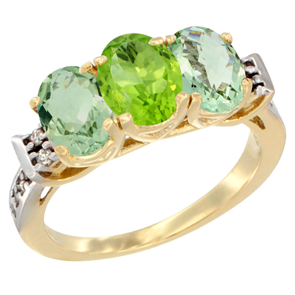 10K Yellow Gold Natural Peridot &amp; Green Amethyst Sides Ring 3-Stone Oval 7x5 mm Diamond Accent, sizes 5 - 10
