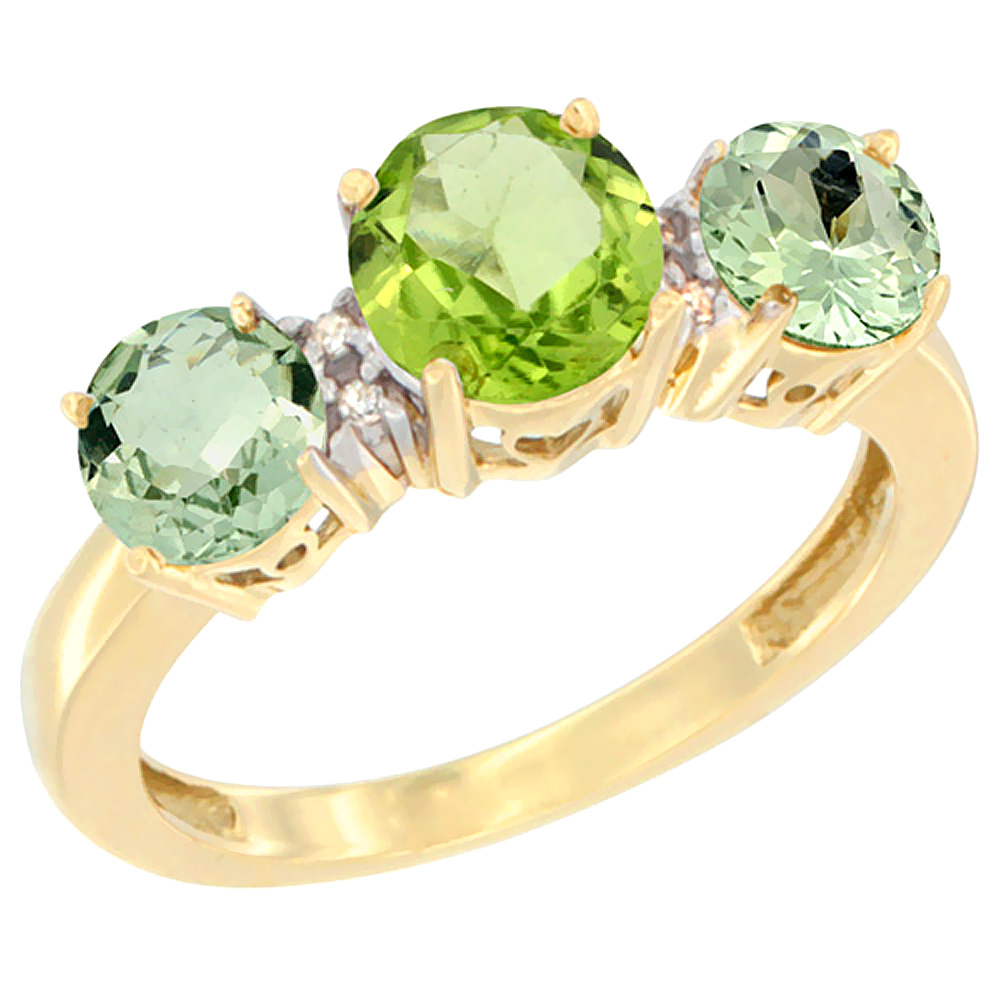 10K Yellow Gold Round 3-Stone Natural Peridot Ring &amp; Green Amethyst Sides Diamond Accent, sizes 5 - 10