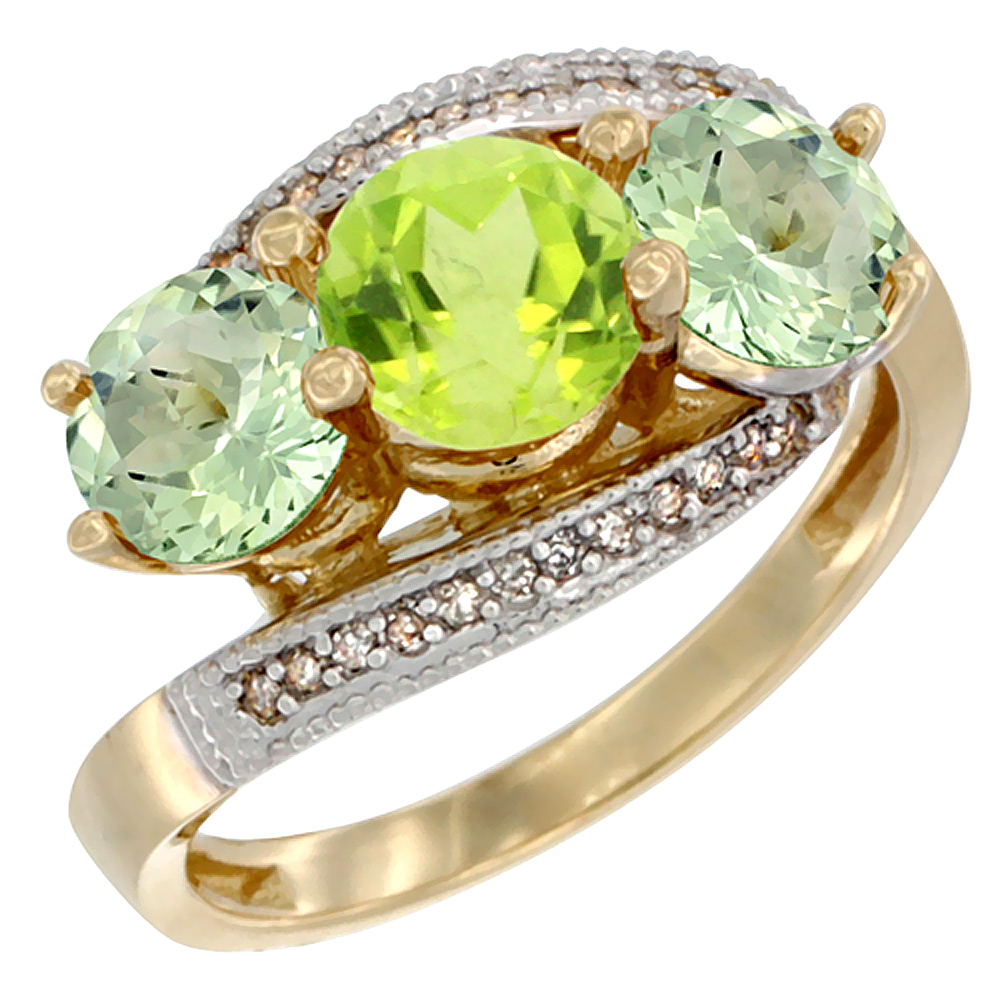 14K Yellow Gold Natural Peridot & Green Amethyst Sides 3 stone Ring Round 6mm Diamond Accent, sizes 5 - 10