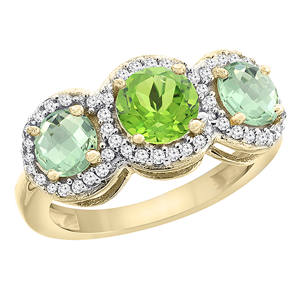 10K Yellow Gold Natural Peridot &amp; Green Amethyst Sides Round 3-stone Ring Diamond Accents, sizes 5 - 10