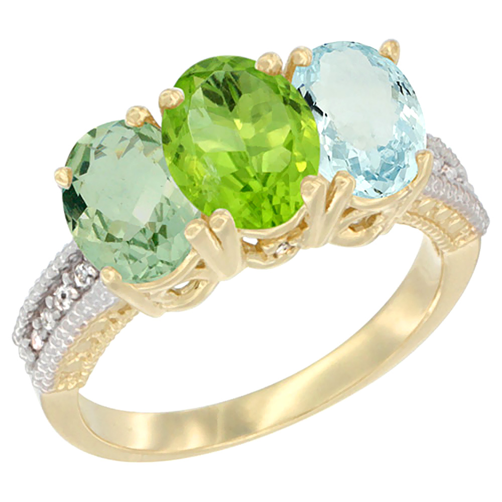 10K Yellow Gold Diamond Natural Green Amethyst, Peridot & Aquamarine Ring 3-Stone Oval 7x5 mm, sizes 5 - 10