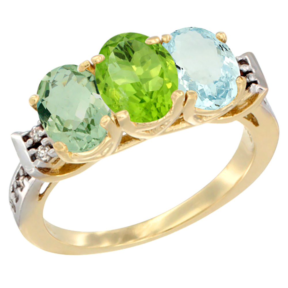 14K Yellow Gold Natural Green Amethyst, Peridot & Aquamarine Ring 3-Stone 7x5 mm Oval Diamond Accent, sizes 5 - 10
