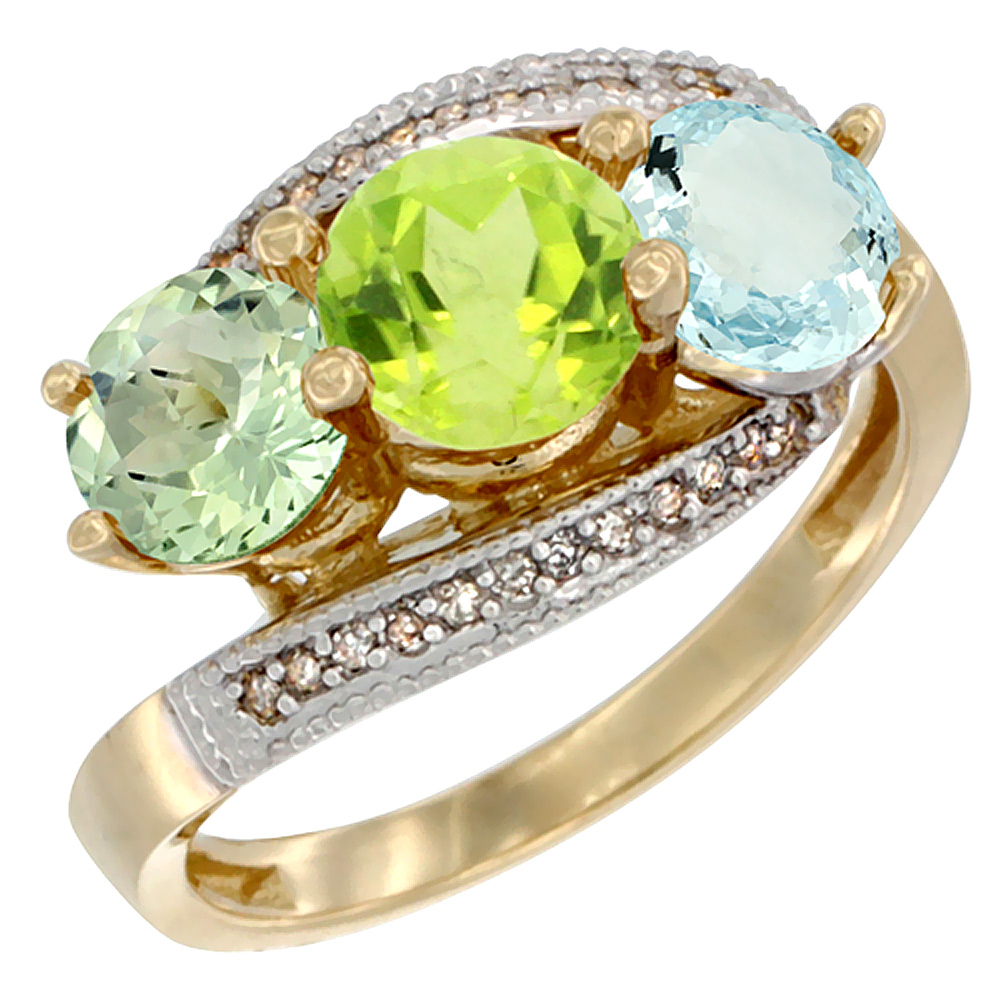 10K Yellow Gold Natural Green Amethyst, Peridot & Aquamarine 3 stone Ring Round 6mm Diamond Accent, sizes 5 - 10