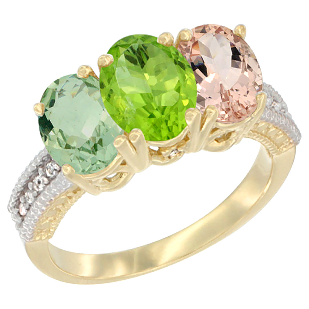 10K Yellow Gold Diamond Natural Green Amethyst, Peridot & Morganite Ring 3-Stone Oval 7x5 mm, sizes 5 - 10