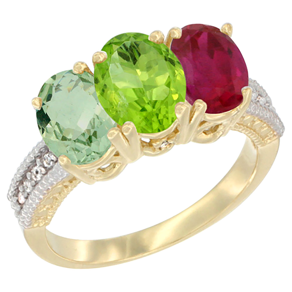 14K Yellow Gold Natural Green Amethyst, Peridot &amp; Enhanced Ruby Ring 3-Stone 7x5 mm Oval Diamond Accent, sizes 5 - 10