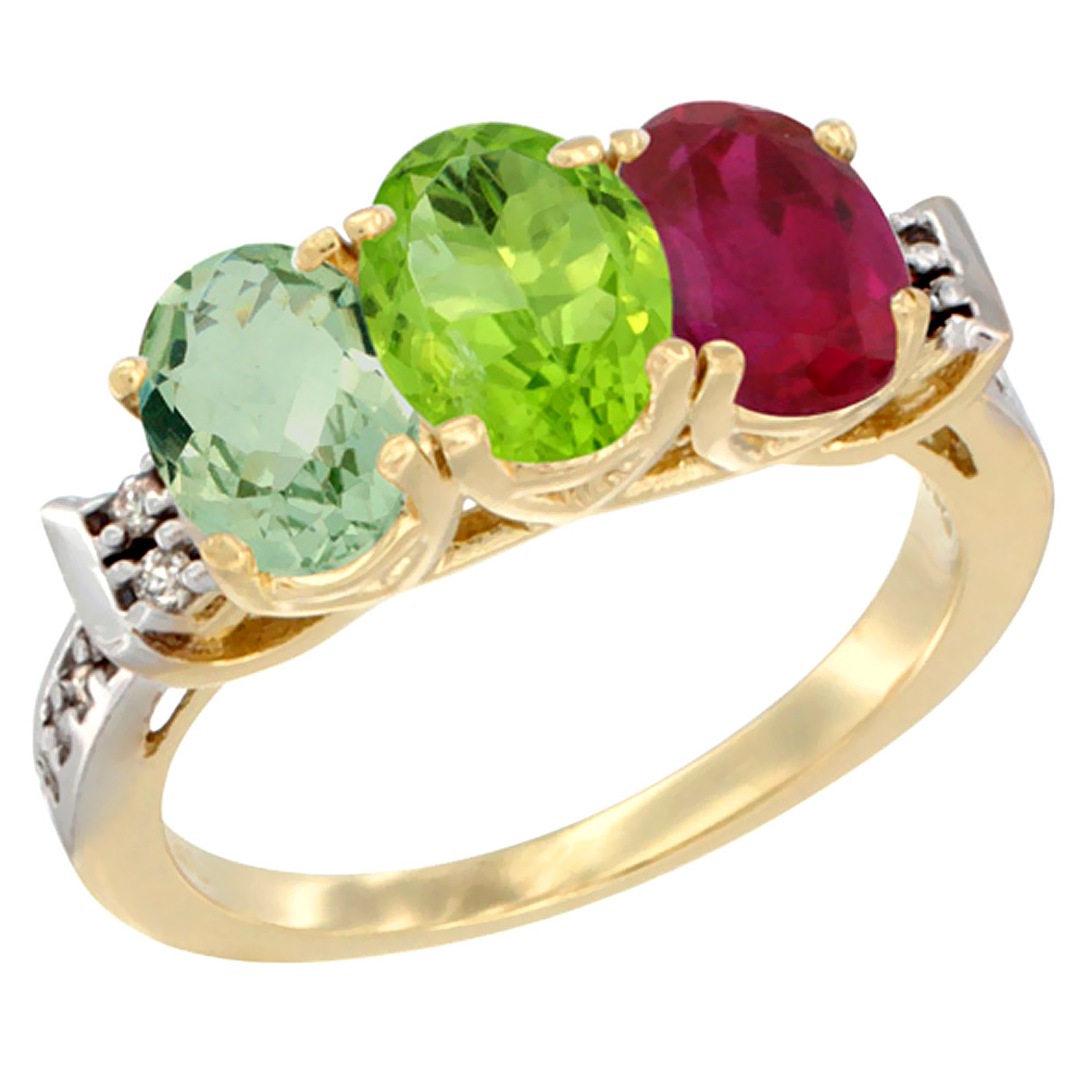 10K Yellow Gold Natural Green Amethyst, Peridot &amp; Enhanced Ruby Ring 3-Stone Oval 7x5 mm Diamond Accent, sizes 5 - 10