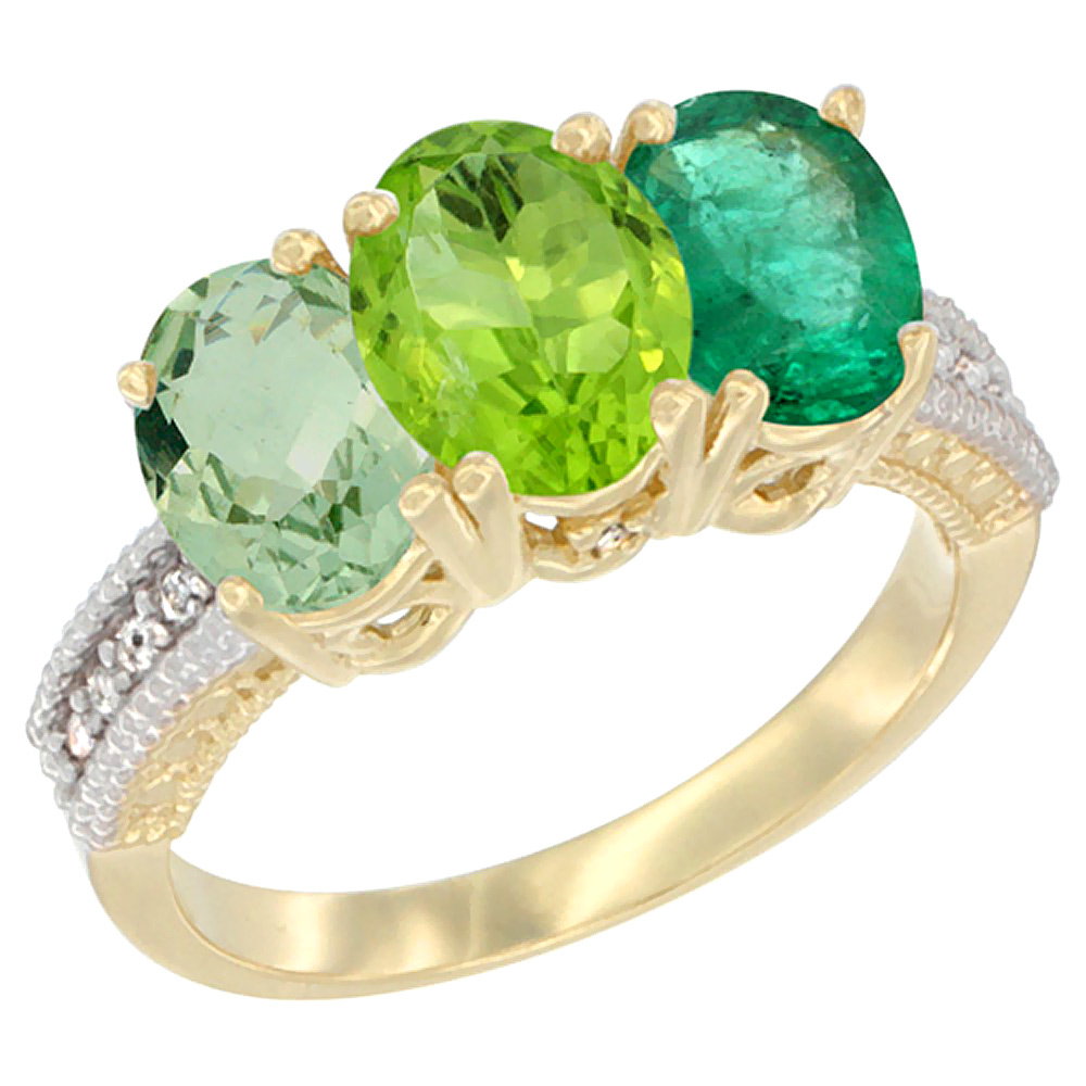 10K Yellow Gold Diamond Natural Green Amethyst, Peridot &amp; Emerald Ring 3-Stone Oval 7x5 mm, sizes 5 - 10