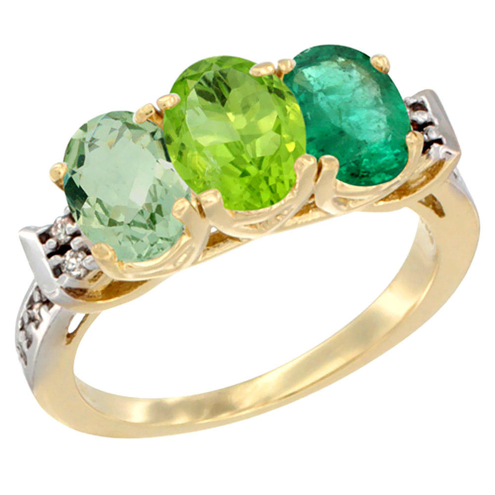 10K Yellow Gold Natural Green Amethyst, Peridot &amp; Emerald Ring 3-Stone Oval 7x5 mm Diamond Accent, sizes 5 - 10