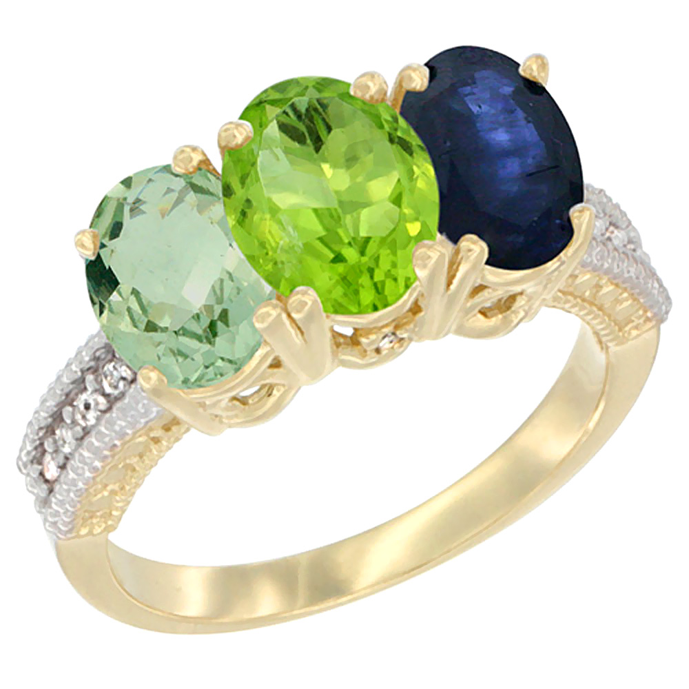 14K Yellow Gold Natural Green Amethyst, Peridot &amp; Blue Sapphire Ring 3-Stone 7x5 mm Oval Diamond Accent, sizes 5 - 10