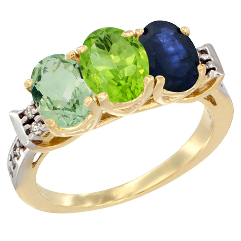 14K Yellow Gold Natural Green Amethyst, Peridot &amp; Blue Sapphire Ring 3-Stone 7x5 mm Oval Diamond Accent, sizes 5 - 10