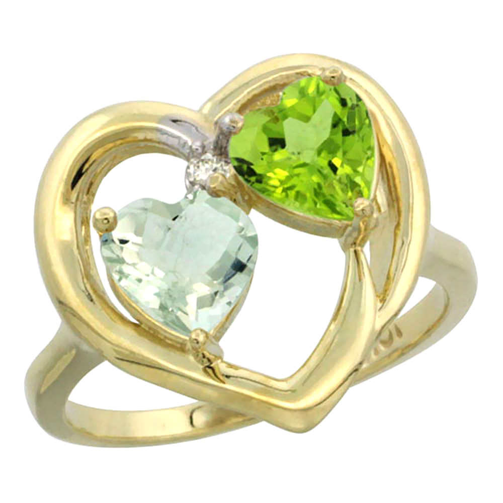 14K Yellow Gold Diamond Two-stone Heart Ring 6mm Natural Green Amethyst & Peridot, sizes 5-10