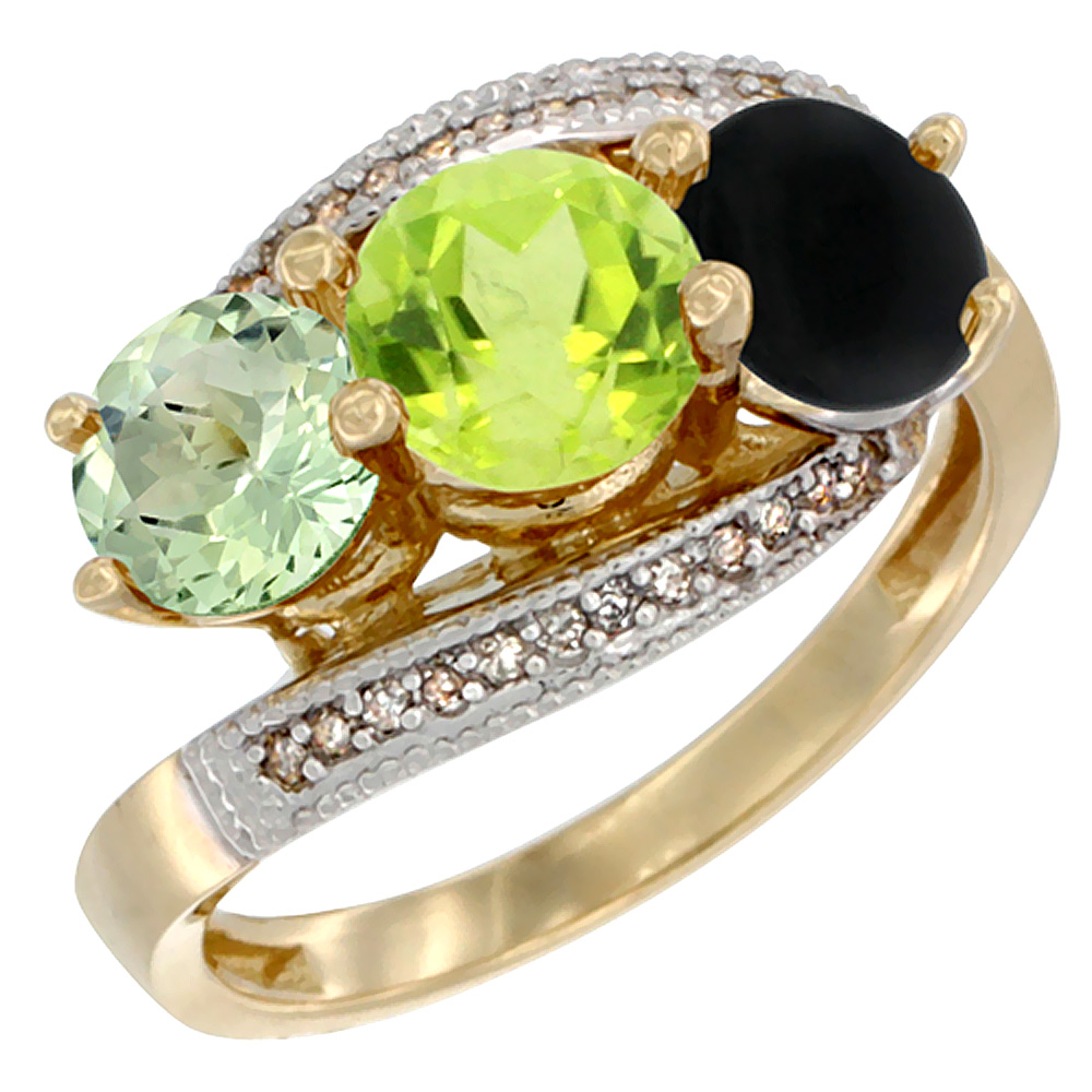10K Yellow Gold Natural Green Amethyst, Peridot &amp; Black Onyx 3 stone Ring Round 6mm Diamond Accent, sizes 5 - 10