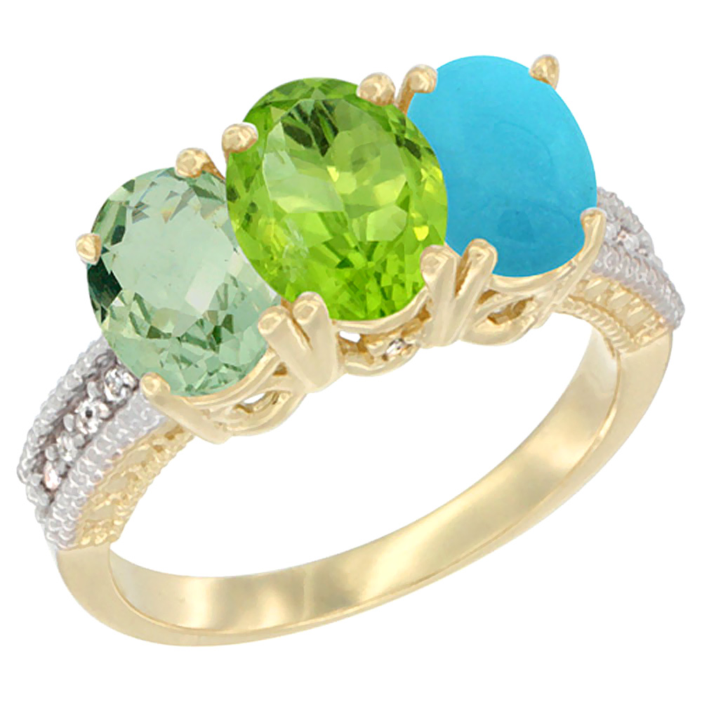 14K Yellow Gold Natural Green Amethyst, Peridot &amp; Turquoise Ring 3-Stone 7x5 mm Oval Diamond Accent, sizes 5 - 10