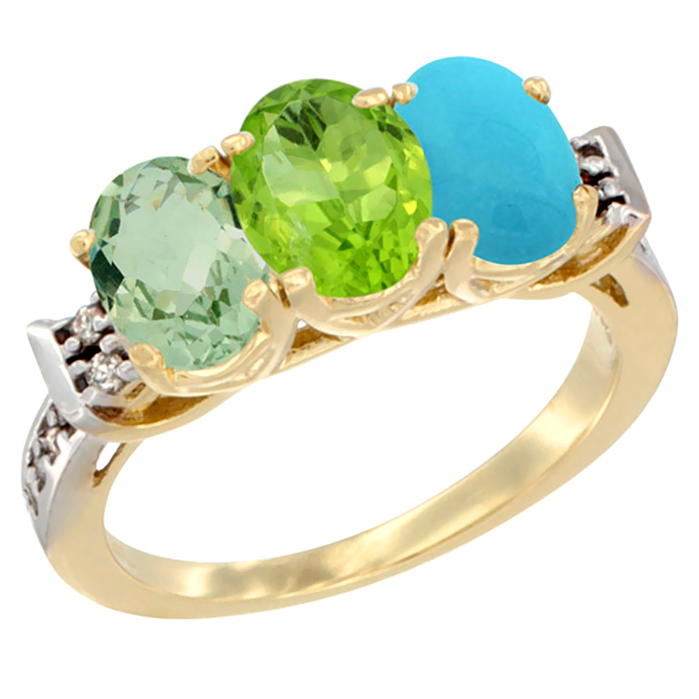 14K Yellow Gold Natural Green Amethyst, Peridot & Turquoise Ring 3-Stone 7x5 mm Oval Diamond Accent, sizes 5 - 10