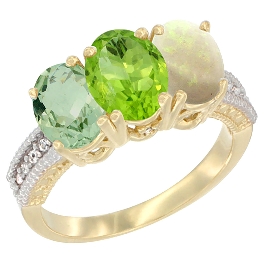 14K Yellow Gold Natural Green Amethyst, Peridot &amp; Opal Ring 3-Stone 7x5 mm Oval Diamond Accent, sizes 5 - 10