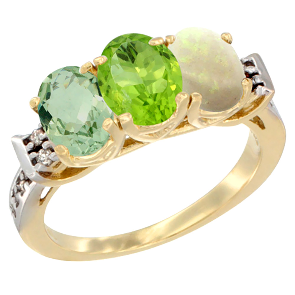 10K Yellow Gold Natural Green Amethyst, Peridot &amp; Opal Ring 3-Stone Oval 7x5 mm Diamond Accent, sizes 5 - 10