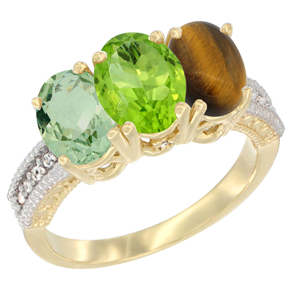 14K Yellow Gold Natural Green Amethyst, Peridot & Tiger Eye Ring 3-Stone 7x5 mm Oval Diamond Accent, sizes 5 - 10