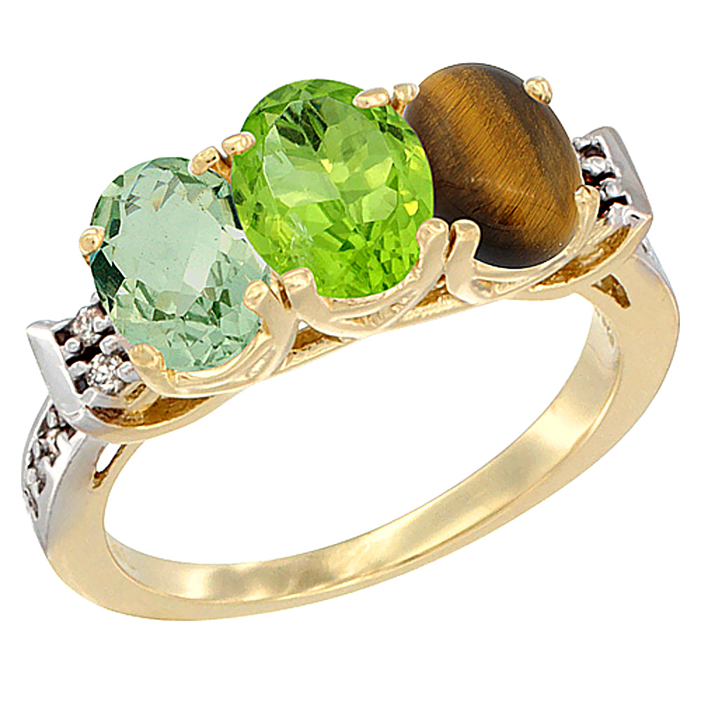10K Yellow Gold Natural Green Amethyst, Peridot &amp; Tiger Eye Ring 3-Stone Oval 7x5 mm Diamond Accent, sizes 5 - 10
