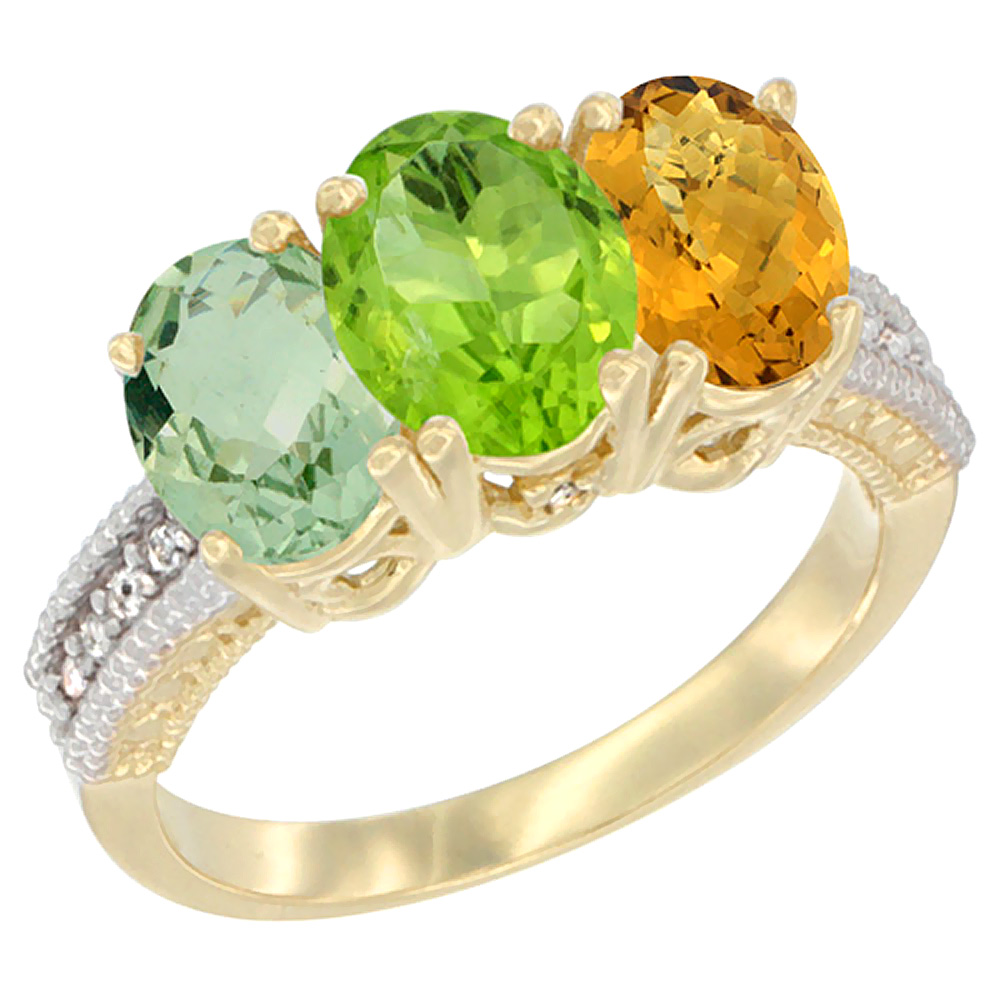 14K Yellow Gold Natural Green Amethyst, Peridot &amp; Whisky Quartz Ring 3-Stone 7x5 mm Oval Diamond Accent, sizes 5 - 10
