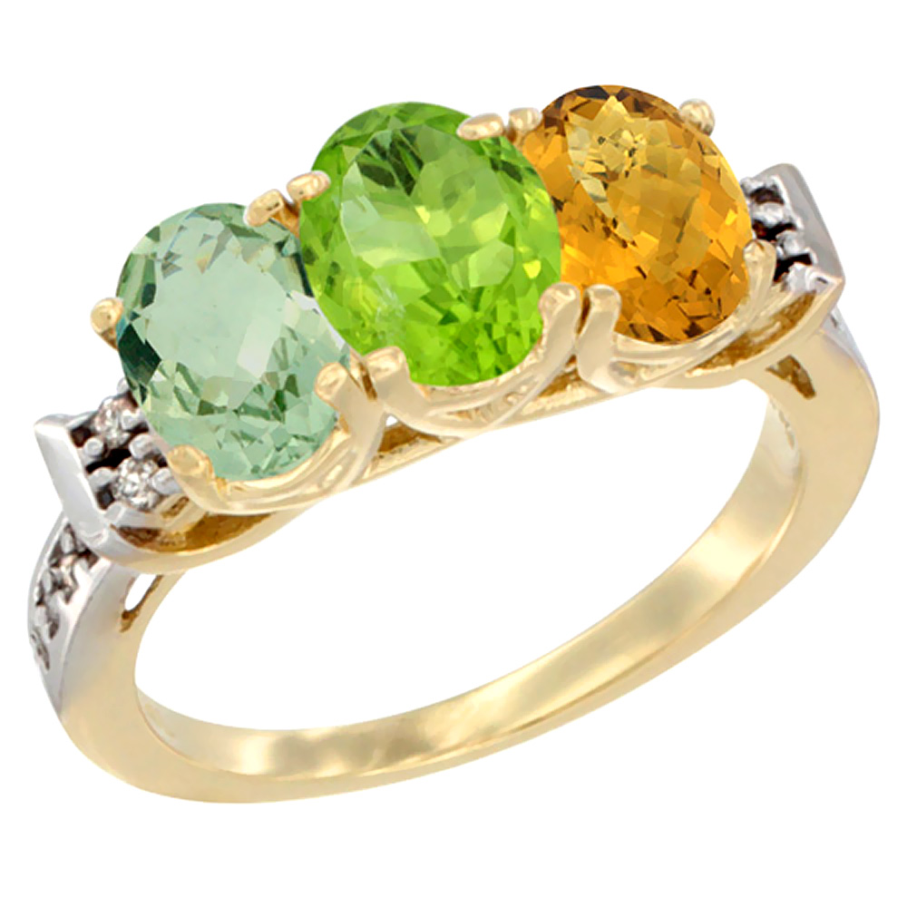 10K Yellow Gold Natural Green Amethyst, Peridot & Whisky Quartz Ring 3-Stone Oval 7x5 mm Diamond Accent, sizes 5 - 10